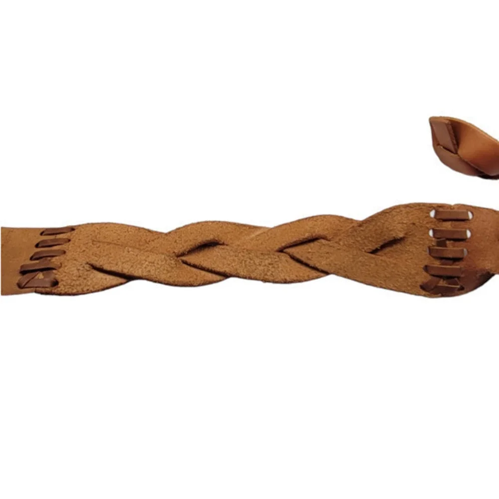 Vintage Bohemian Brown Braided Leather Black‎ Metal Buckle Belt